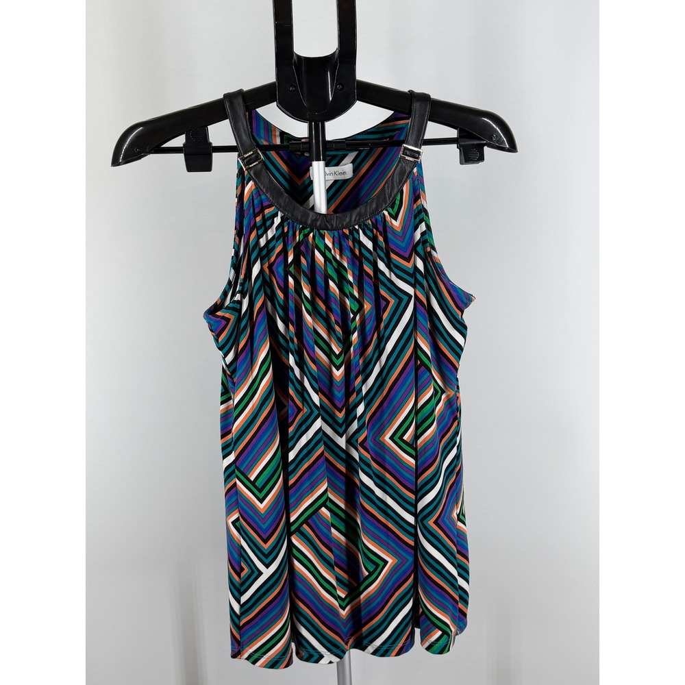 Calvin Klein Geometric Chevron Halter Top Faux Leather Trim Multi Color Blouse M